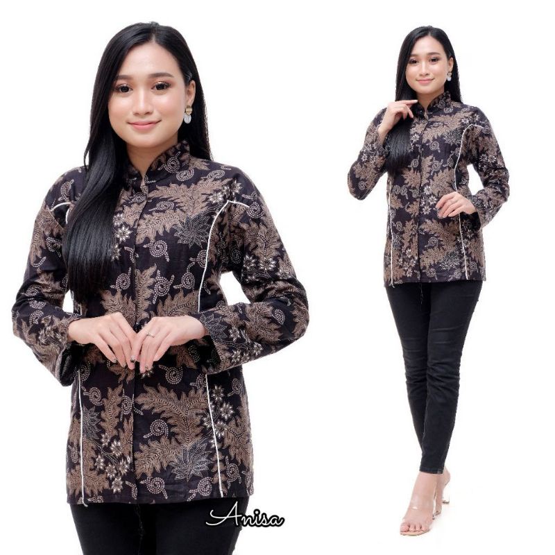 tey-17 Batik wanita ASJ SA HRB026 Kenongo Kemeja Tosca Pendek-BIS DAUN COKLAT