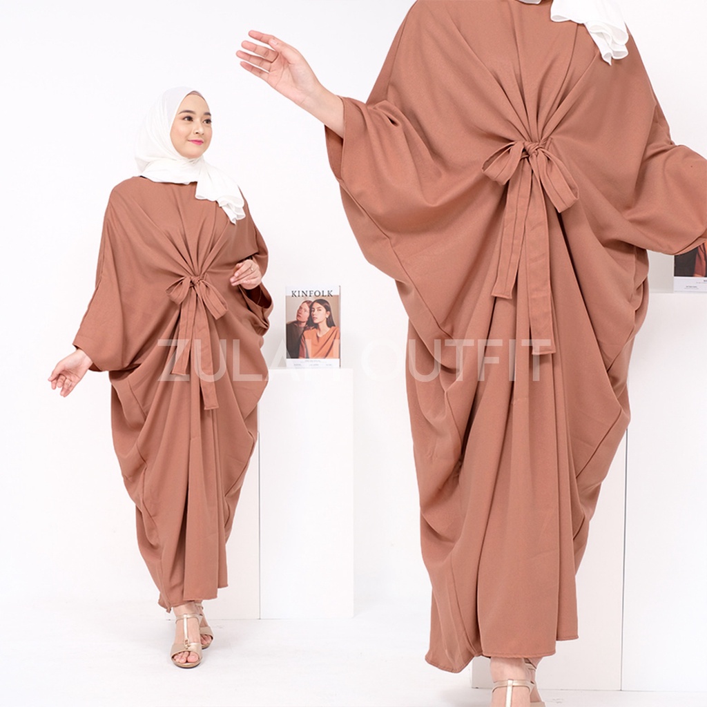 Kaftan Amira Polos Ikat Tali Depan Serut Tengah Perut / Gamis Elegan Mewah Wanita Kalong Kelelawar L
