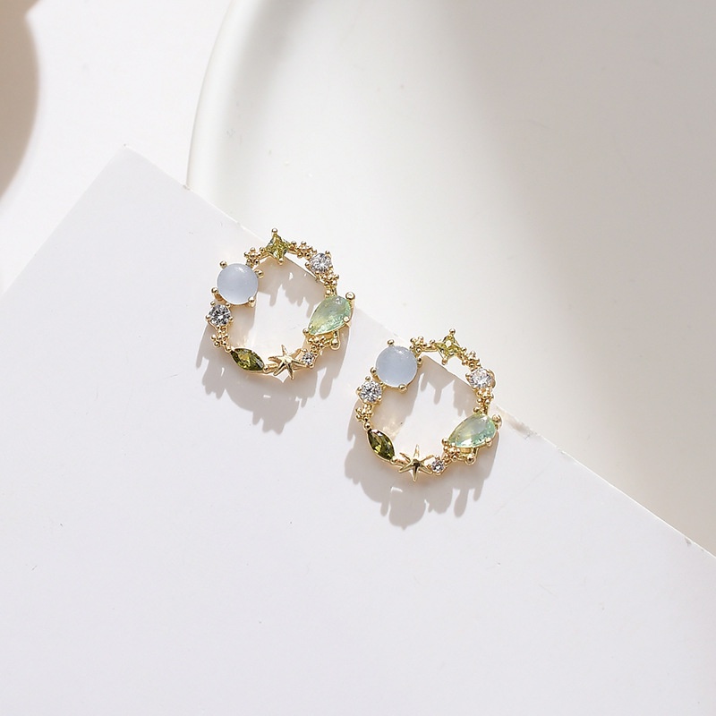 [Korean Fashion Crystal Flower Cirlce Stud Earrings] [Ladies Elegant Rhinestone Studs Earrings] [Korean INS Simple Style Bridal Wedding Party Ear Jewelry]