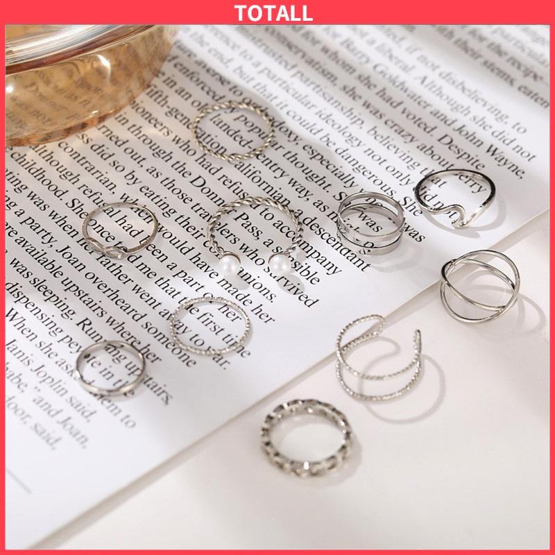 COD 10 Buah Set Wanita Kreatif Sederhana Manik-manik Ganda Cincin Gabungan Geometri Gelombang Mutiara-Totall