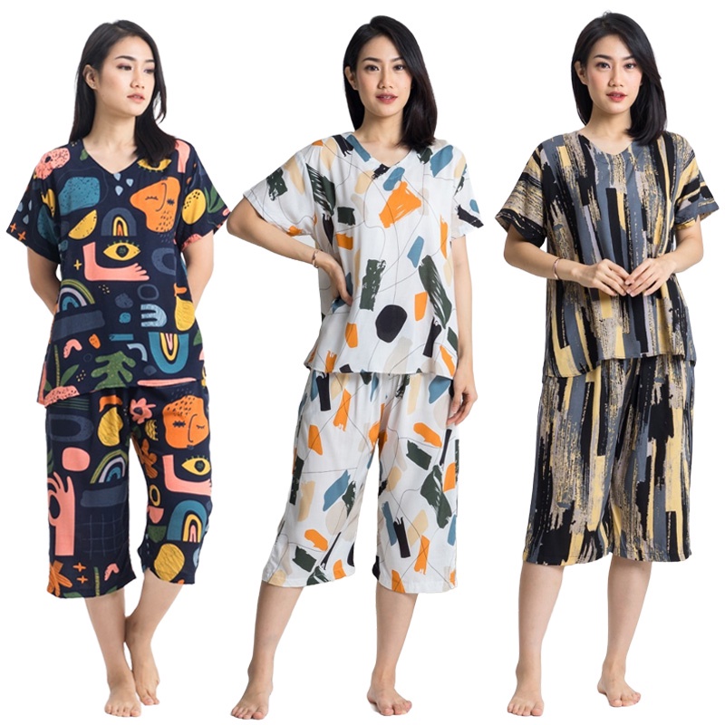 PDK MV R BAJU TIDUR WANITA PIYAMA DEWASA REMAJA SETELAN CELANA 7/8 78 BAHAN KATUN RAYON ONE SET