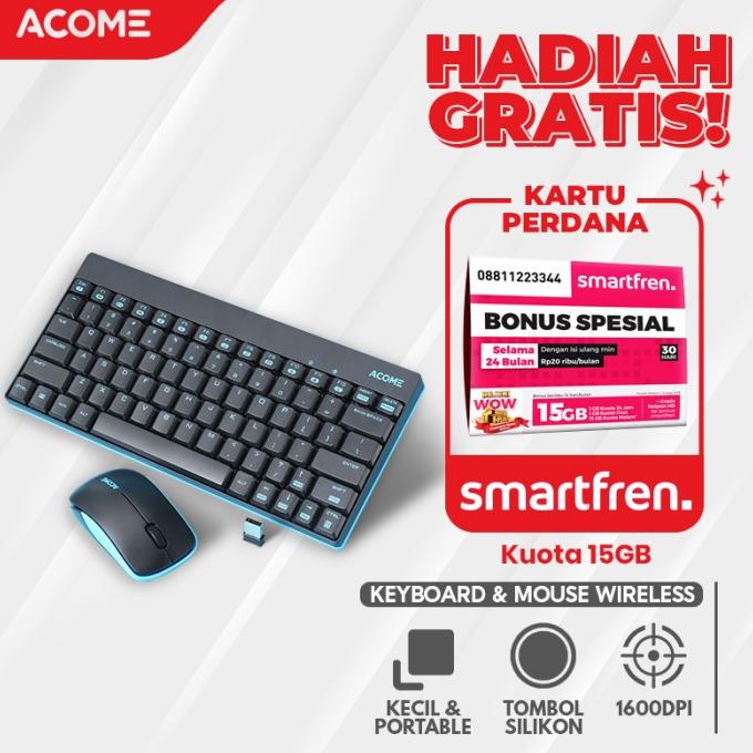 Acome Keyboard & Mouse Wireless Portable 1600DPI Silikon AKM2000 Termurah