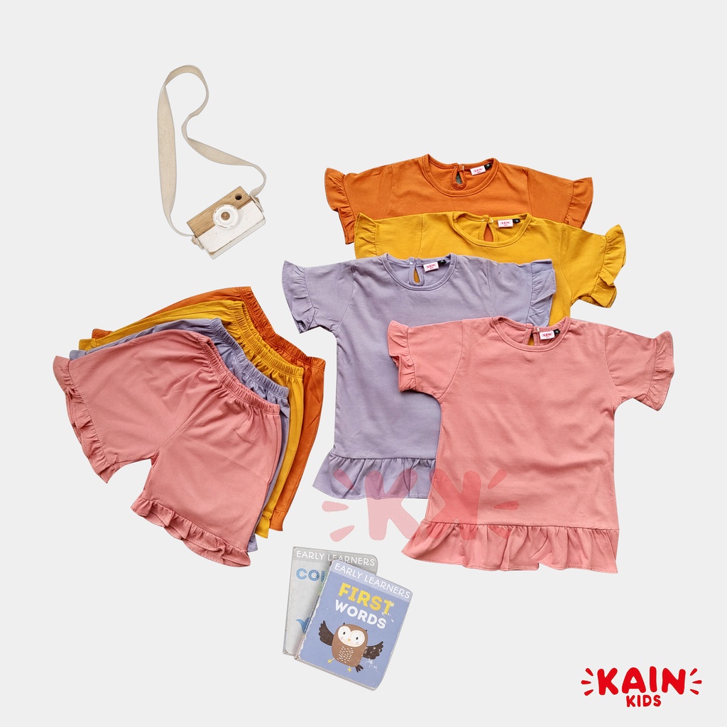 Kainkids Setelan Ruffle Anak Perempuan &amp; Celana Pendek 1-7Y | Set Ruffle Tee Short Pants PK SR01