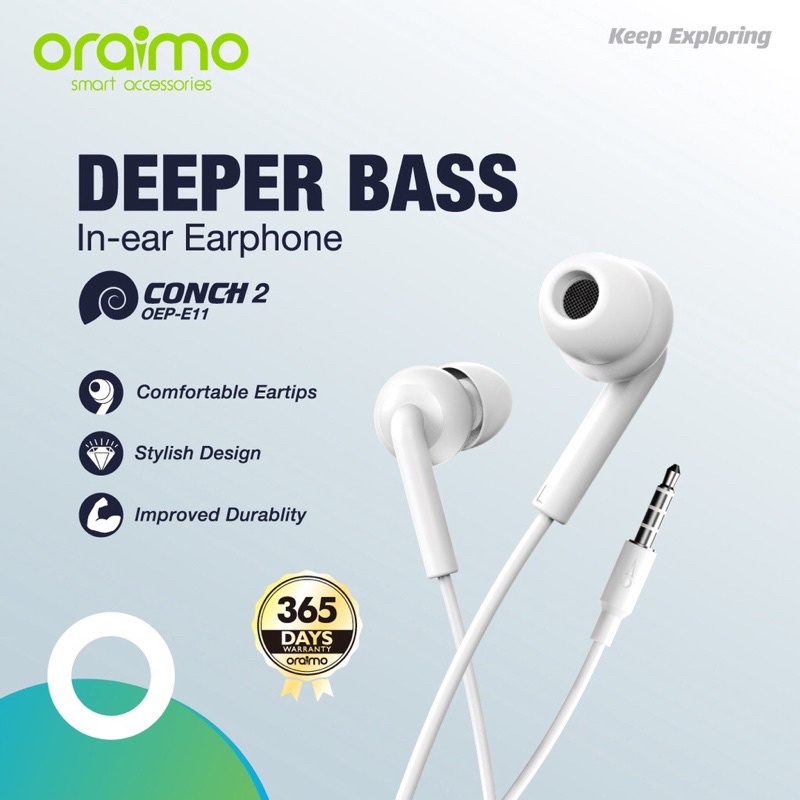 Oraimo OEP-E11 Conch 2 Deeper Bass In-Ear Headset / Earphone ( White &amp; Black ) Garansi Resmi 1 Tahun