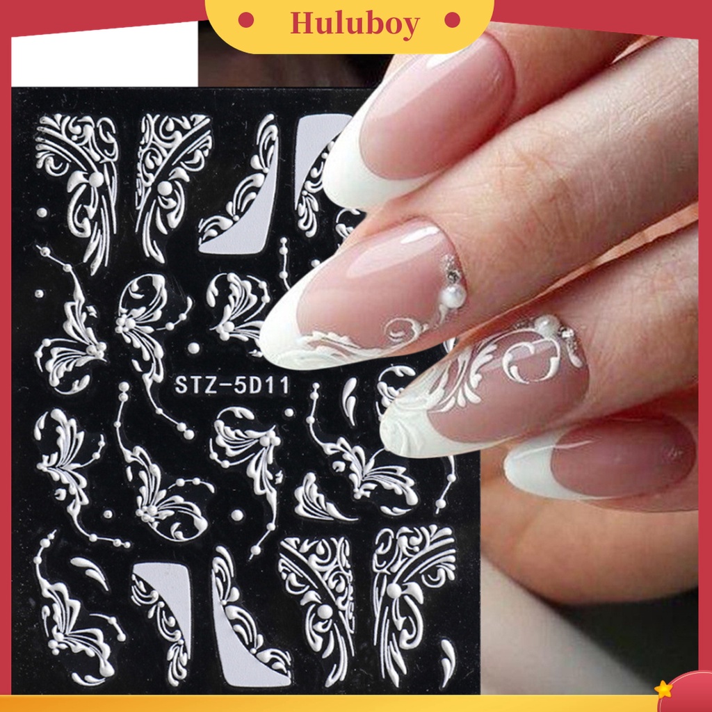 Huluboy Huluboy♡ Stiker Kuku Motif Bunga Timbul 5D Warna Putih Gaya Retro Untuk Dekorasi Manicure