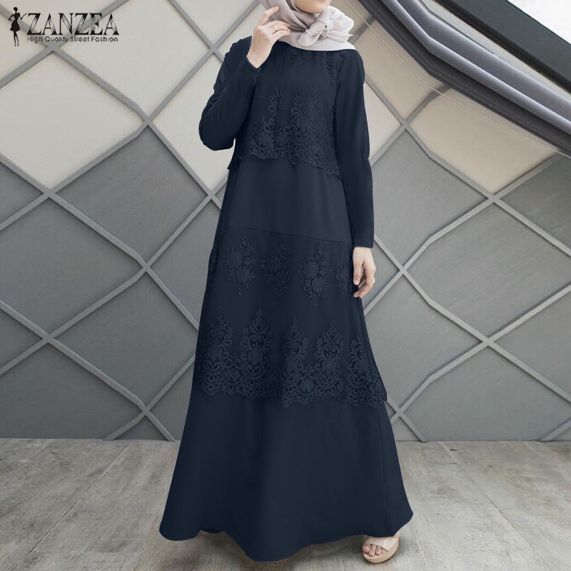 ZANZEA Women O Neck Long Sleeve Lace Stitching Muslim Long Dress