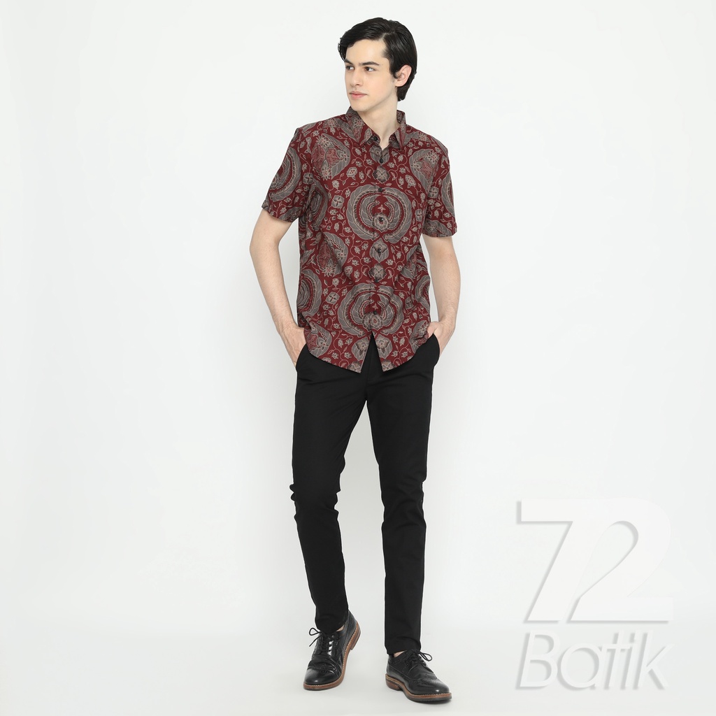 BATIK COUPLE MODERN Kemeja Rok Lilit Instan Batik Pria Lengan Pendek Premium Motif Babon Angrem Merah 721075 CAP 72