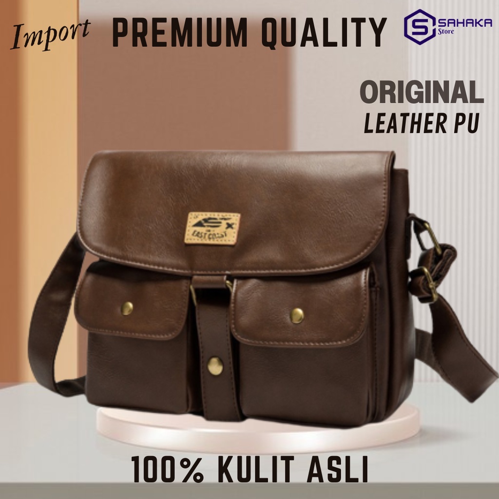 EAST COAST Tas Selempang Kulit Pria Pria Tas Kulit Asli Original 100% Slingbag Mesenger Bag Import Leather Waterproof Anti Air Tas Slempang Tas Kerja Tas Kantor Murah Ori 4077 - Black