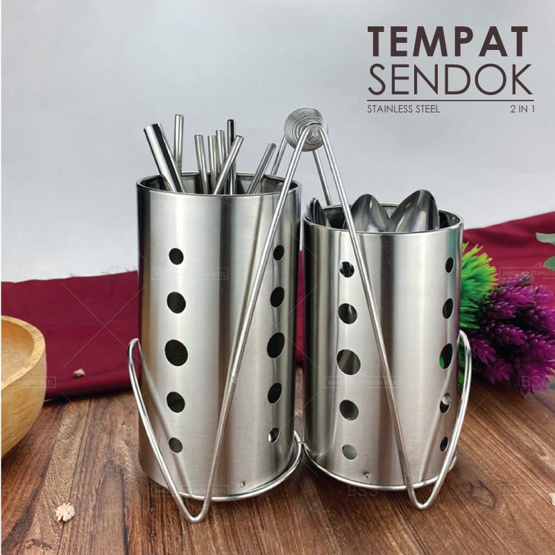 Tempat sumpit sendok sedotan set 2 in 1 stainless steel restoran