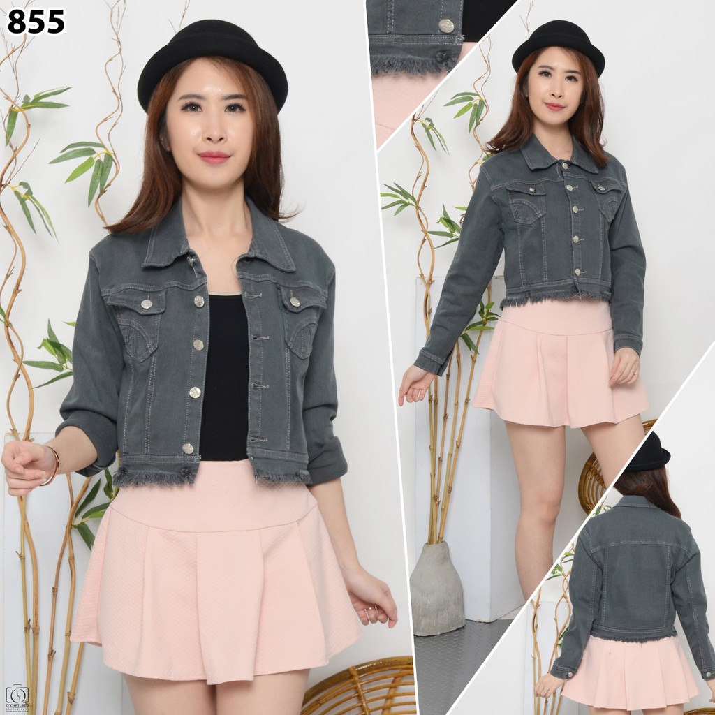 MC girl Jaket Jeans Crop Rawis Warna / Jaket Jeans Warna Abu