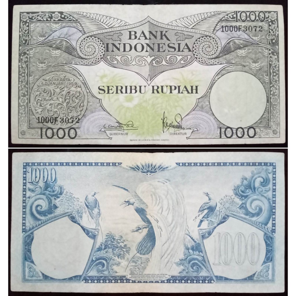 Uang Kuno 1000 Rupiah Tahun 1959 Seri Bunga Prefik Satu Huruf "F"