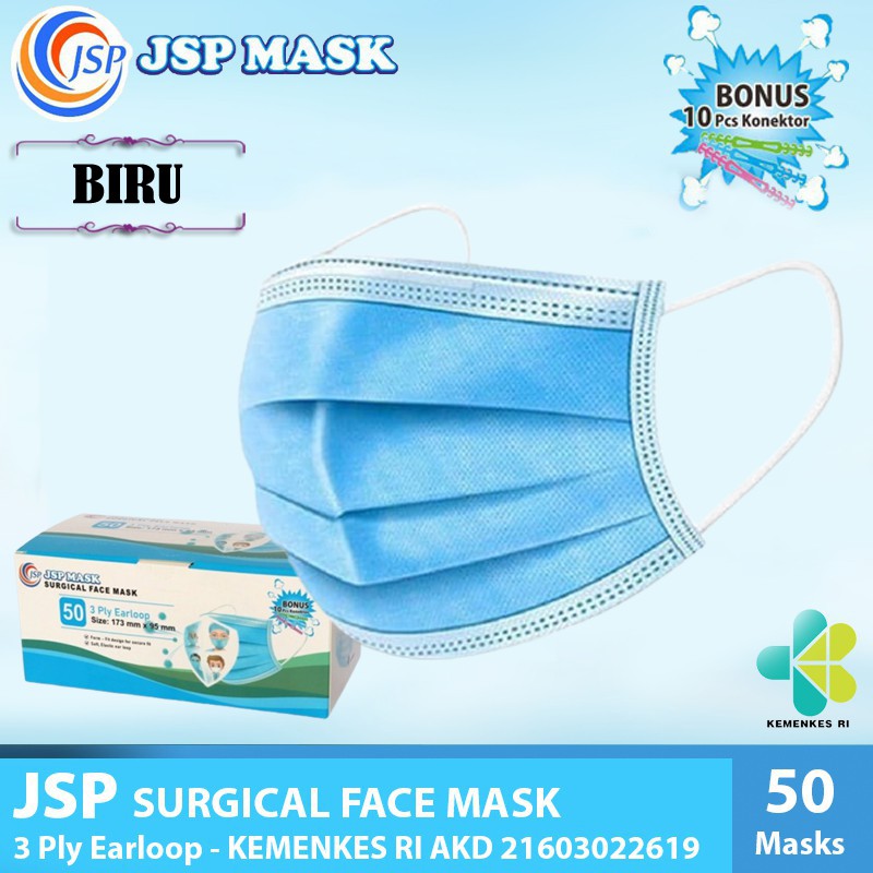 Masker Surgical Face Mask JSP Mask 3 Ply isi 25 pcs Free 2 Konektor  Model Convex Korea Evo