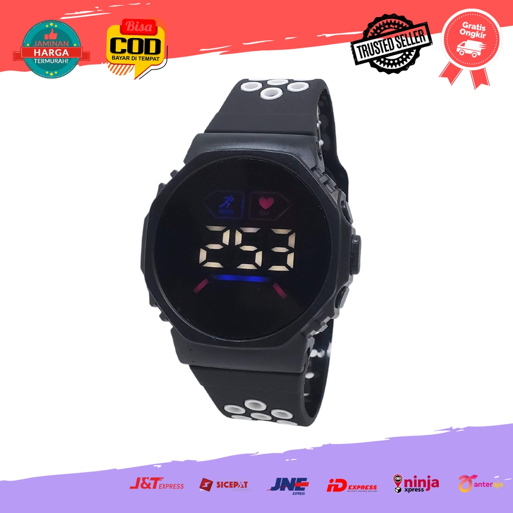 [COD] Jam Tangan Fashion Korea Elektronik Digital LED Digital Wanita Pria Remaja Bulat Rubber-Hitam