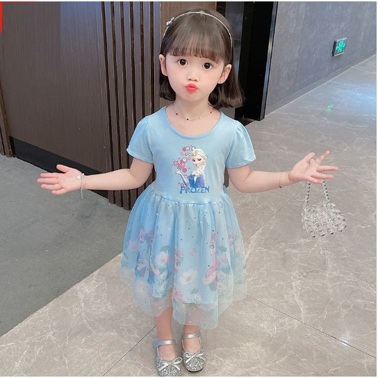 DRESS &quot;FROZEN NEW&quot; LENGAN PENDEK 100-140 LAYER KEMBANG FROZEN ELSA BUNGA TAG FROZEN
