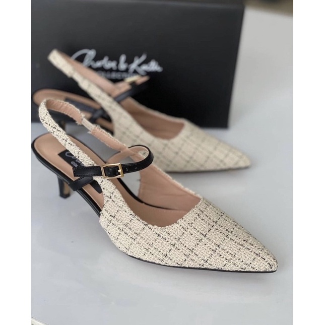 Charles and Keith Tweet and Leather Slingback Pump Heels Original
