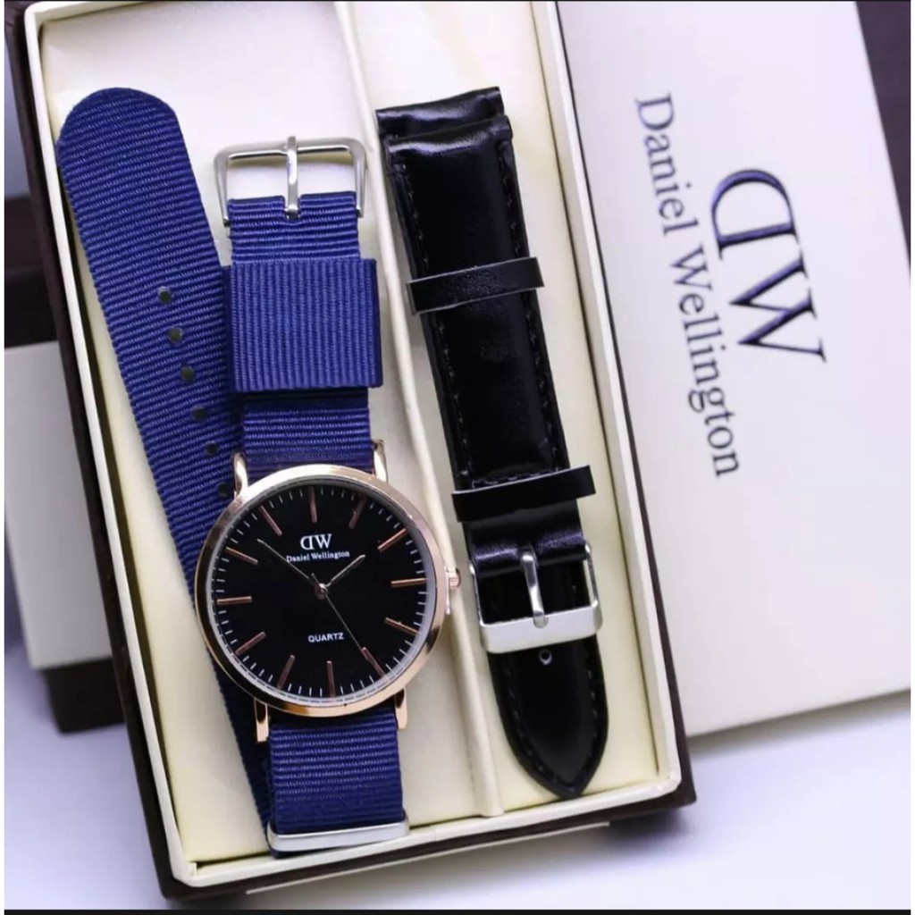 Jam Tangan DW Pria Casual Pria Canvas Bonus Tali Kulit FREE BOX & Baterai