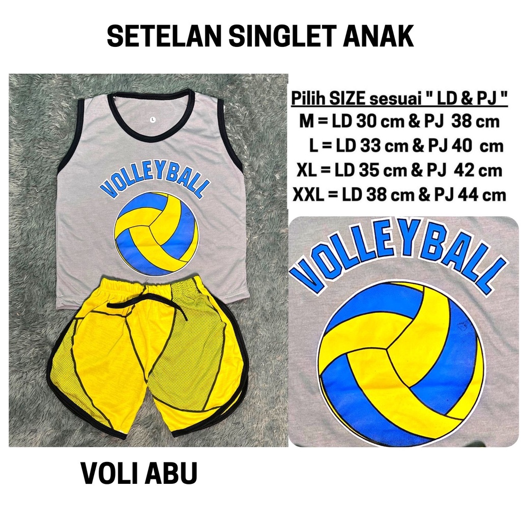 Setelan Anak Laki Laki Baju Kutung Stelan Lekbong Cowok Bola Basket Kaos Singlet Cowo Murah Harian Celana Pendek 3 4 5 6 Tahun Kode 101-101 VOLI ABU