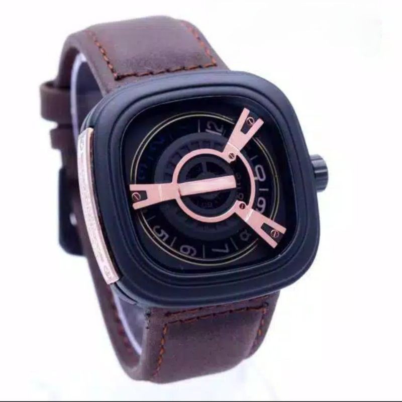 Jam Tangan Pria Sporty Kotak M2 Analog Kulit Case Rose Bisa Cod