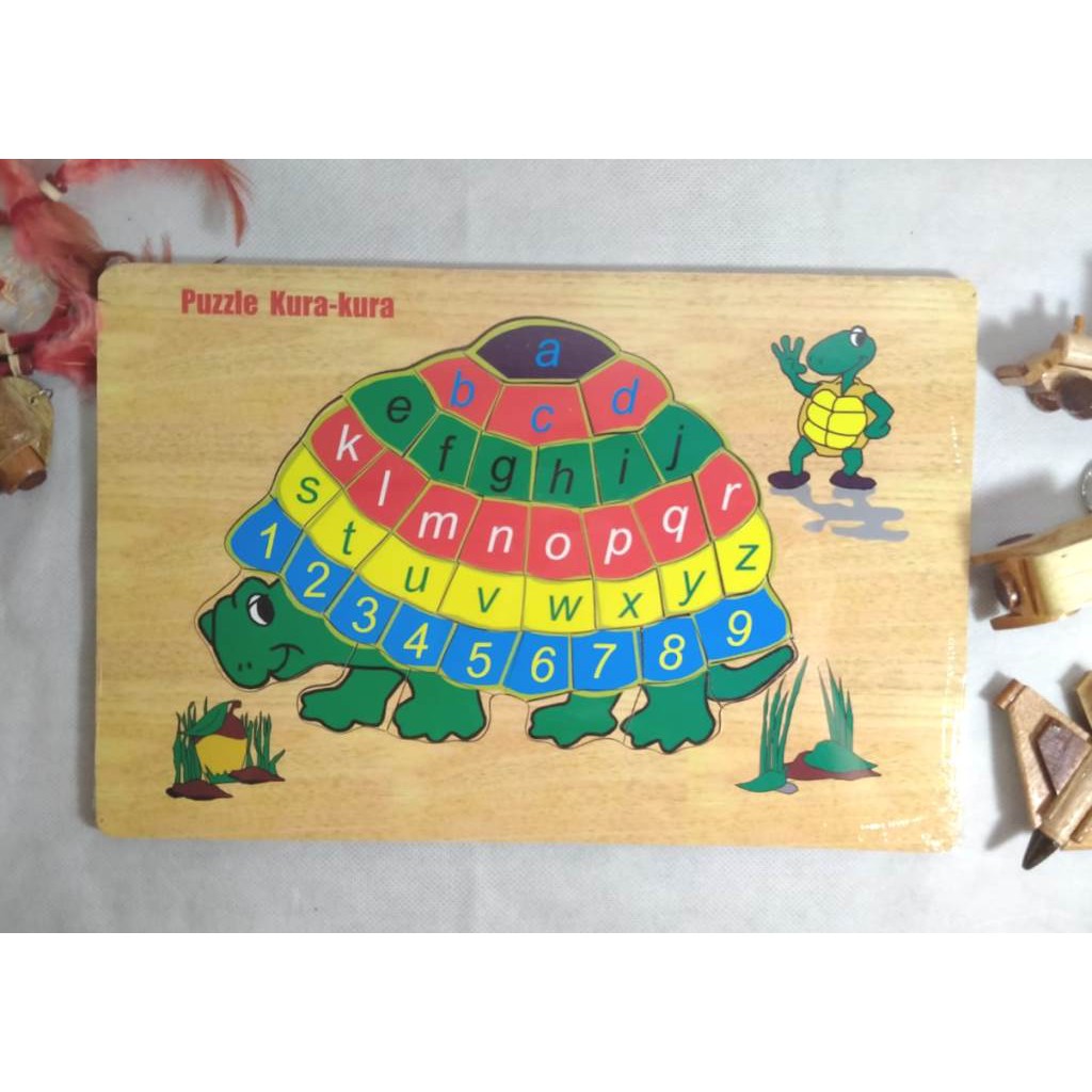 PUZZLE KAYU / MAINAN EDUKASI / PUZZLEGAMBAR KURA HURUF ABJAD / ALFABET DAN ANGKA. RIENS COLLECTIONS