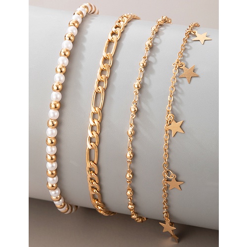 LRC Gelang Kaki Fashion Gold Rice Beads Tassel Five-pointed Star Chain W77222