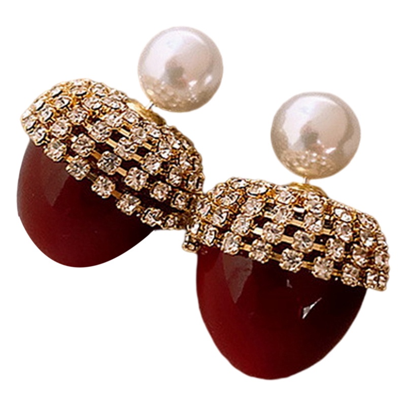 Fancyqube Anting Stud Kristal Mutiara Berlian Imitasi Model Pita Bunga Cherry Merah Untuk Wanita