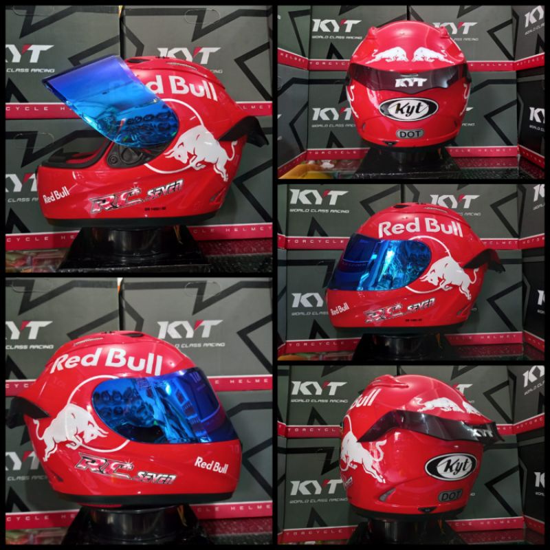 KYT Helm RC7 Solid Fire Red paket ganteng Red Bull /Flat Visor Iridium Spoiler paket ganteng