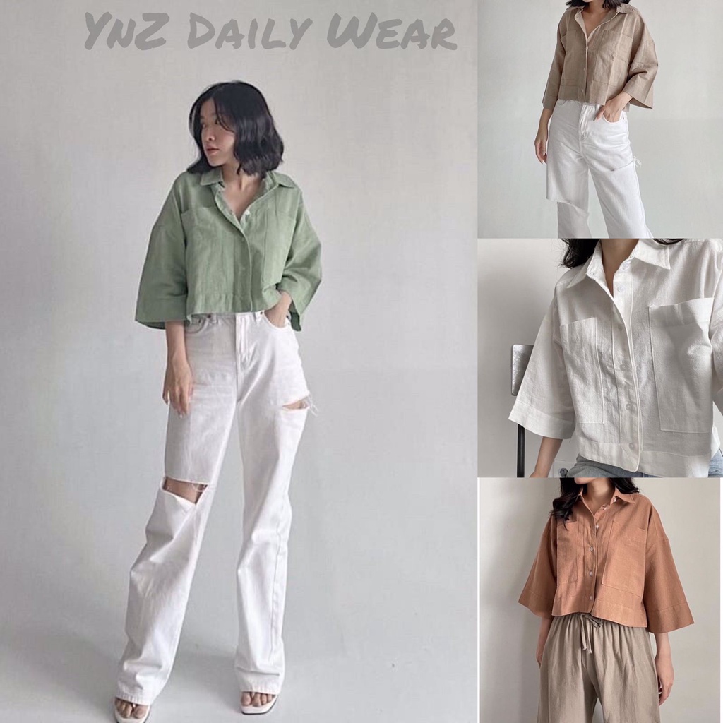 COD - Kemeja Crop Linen Pocket Oversize Outer Crop Linen