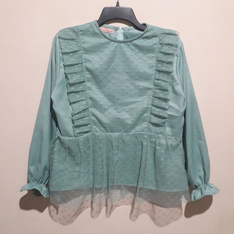 [READY STOK] BLOUSE TILE POLKA ATASAN WANITA ANNISA BLOUSE VINTAGE LACE KEKINIAN ALA SELEBGRAM JUMBO / BLOUSE KONDANGAN JUMBO / BLOUSE LEBARAN 2022-Hijau mint