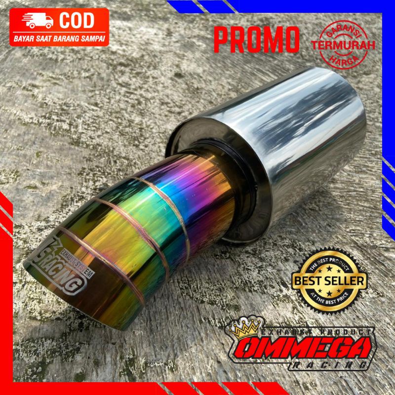 JS Racing Knalpot Mobil Full Stainless Stell Bass Bulat Pelangi Ujung Kenalpot Muffler Resonator