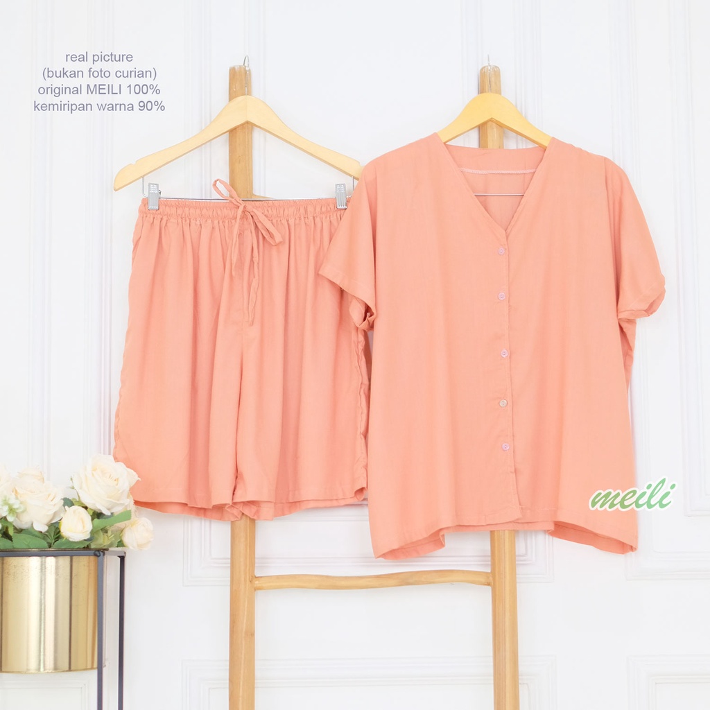 BIGSIZE | XXL 5L LD 120 140 Gemoy Oneset Rayon Polos Aneka Warna Setelan Piyama Jumbo Celana Pendek Sleep Wear Original Meili-Salmon
