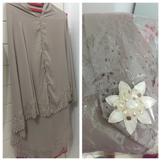 Preloved (baru) khimar laser warna khaki nude / abu muda