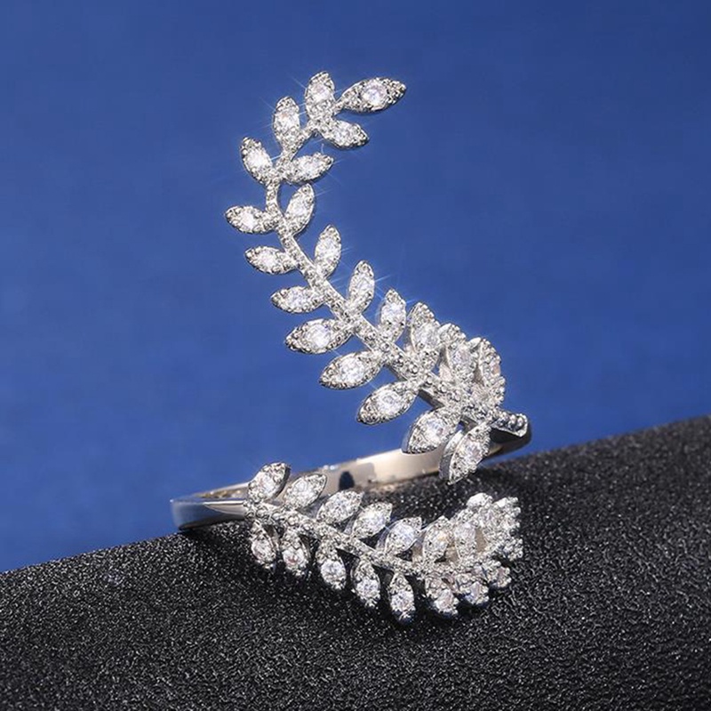 Fancyqube Perhiasan Cincin Lapis Silver Bentuk Daun Tanaman Panjang Aksen Zirkon Untuk Wanita
