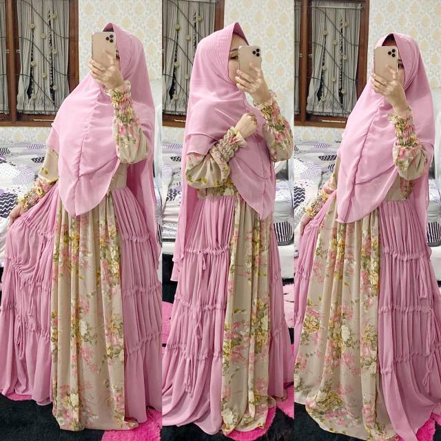 SET GAMIS SYARI BAJU MUSLIMAH CERUTY BABY DOLL RENDA BUSUI JUMBO KHIMAR PET ANTEM ORI MOTIF CANTIK
