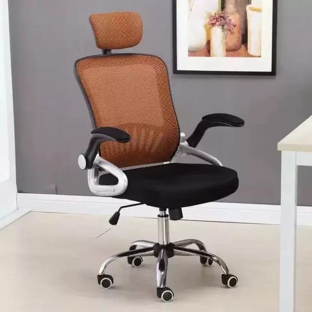 Kursi Kantor Hidrolik Sandaran Kepala Headrest Plus Bantal Kursi Kerja Armrest Naik Turun-818 Orange
