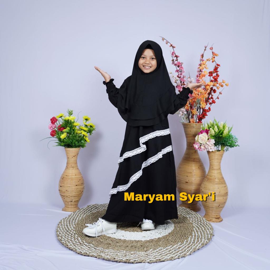 Gamis Anak Syari Polos Renda Set Khimar warna Hitam (Bahan Wollycrepe)
