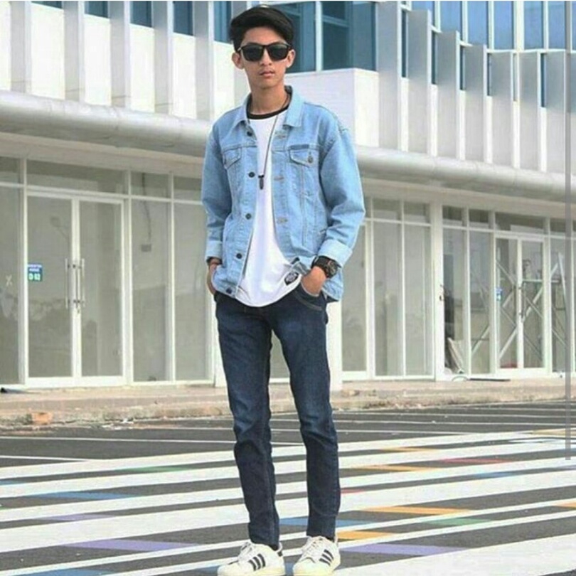 Jaket Denim Pria / Jaket Jeans Cowo Model Retro Style - Light Blue / Hitam