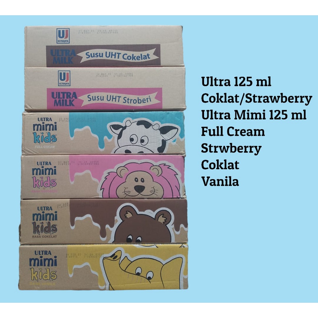

Ultra Kartonan/Ultra 125 ml Coklat/Strawberry/Ultra Mimi 125ml Coklat/Strawberry/Full Cream/Vanila