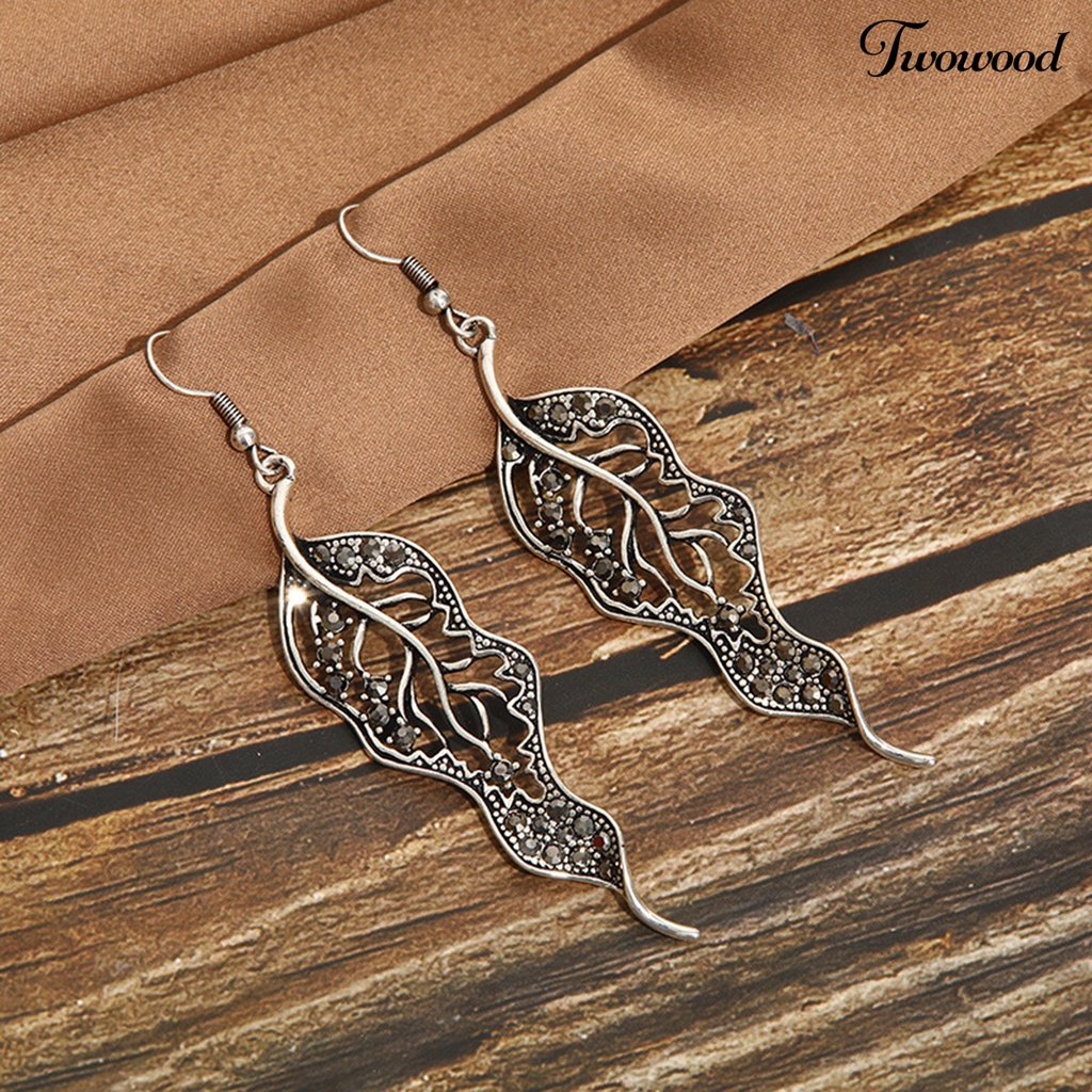 Twowood 1 Pair Hook Earrings Leaf Colored Rhinestones Jewelry Electroplated Long Lasting Drop Earrings for Wedding