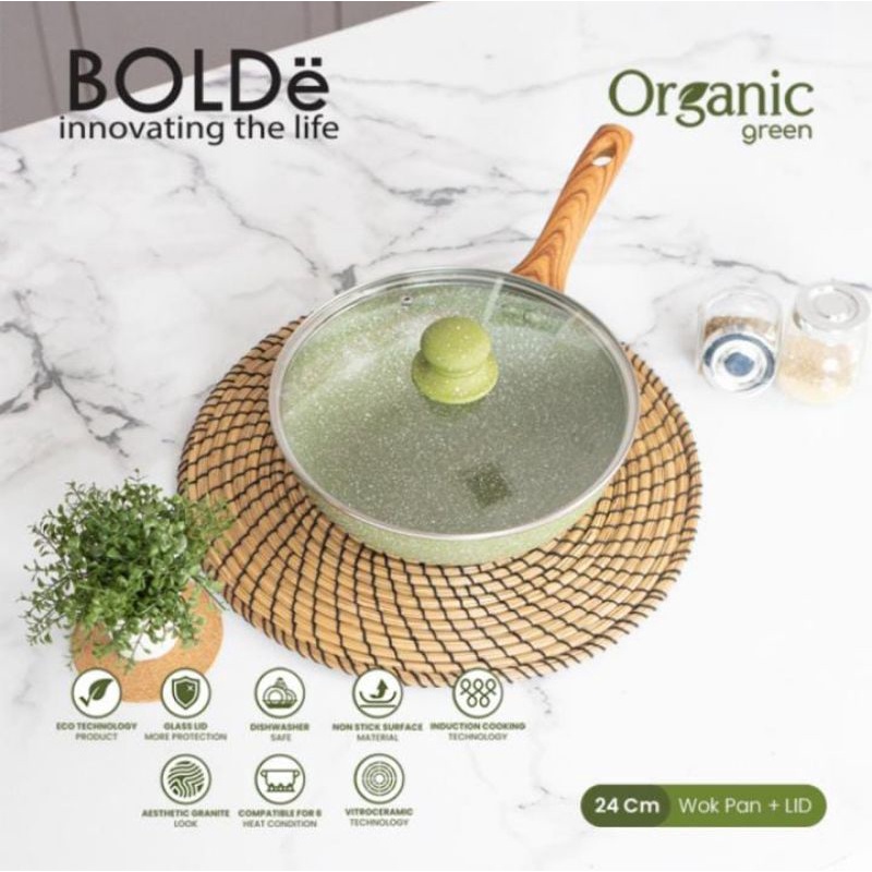 BOLDe Organic Green Wok Pan + Glass Lid 24cm