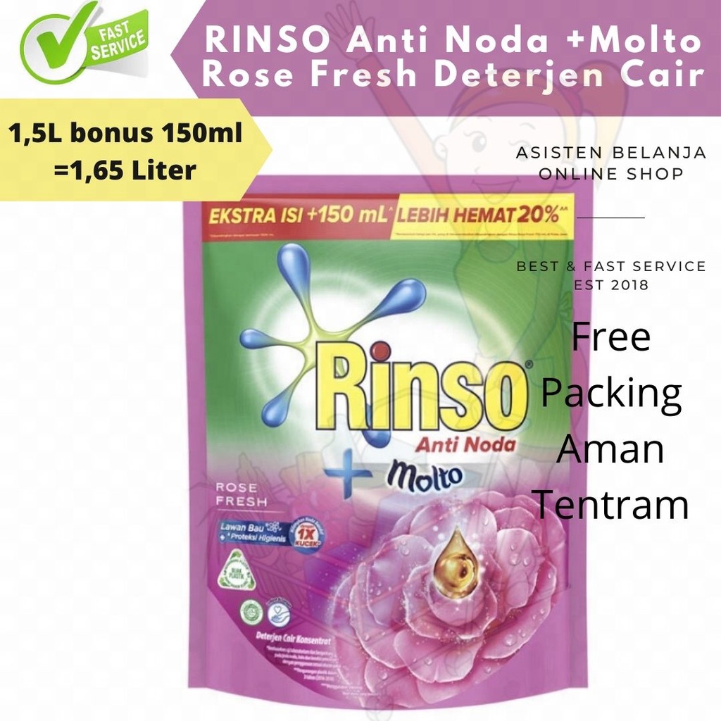 RINSO Anti Noda +Molto Rose Fresh 1500 ml 1,5 Liter 1.5L Extra 150ml = 1,65 Liter Deterjen Cair