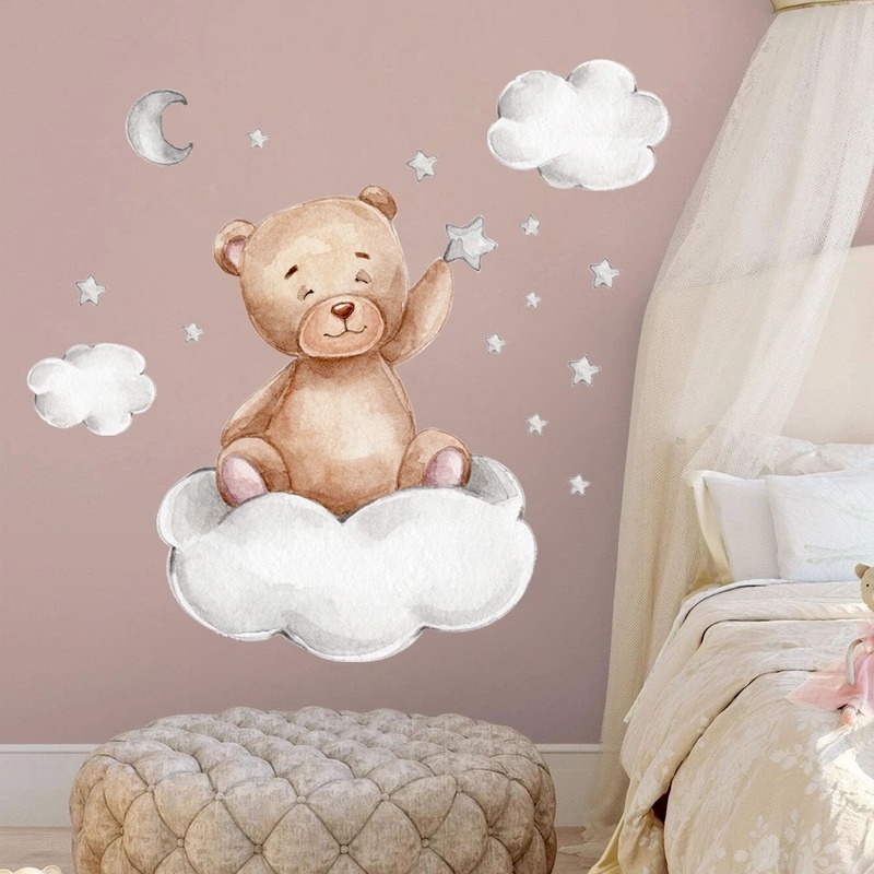 Stiker Dinding Decal Desain Kartun Bear Moon Cloud Star Bahan Pvc Untuk Kamar Anak