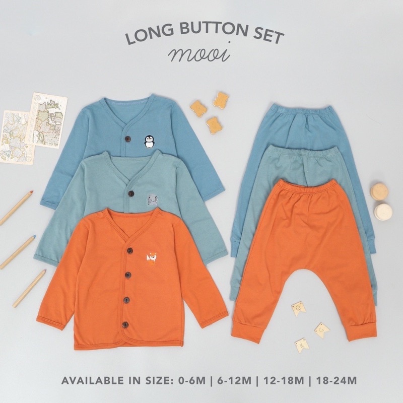 Mooi Long Button Set - Setelan Anak Unisex/Piyama bayi/Baju bayi