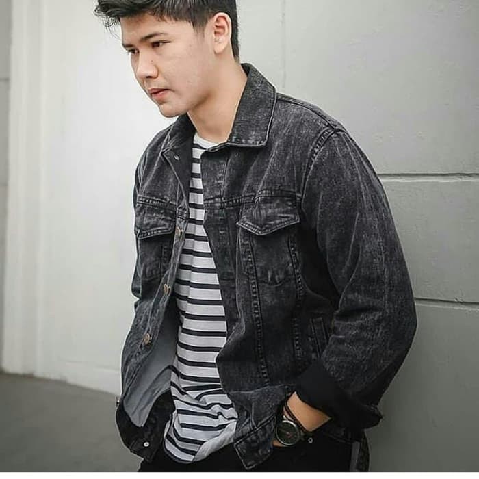 terlaris jaket jeans pria  hitam black sandwash denim model  