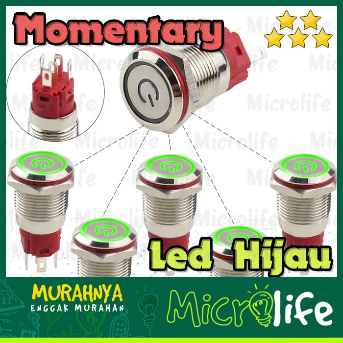 Push on Button Stainless Power LED Hijau 16mm 9-24v Momentary Green