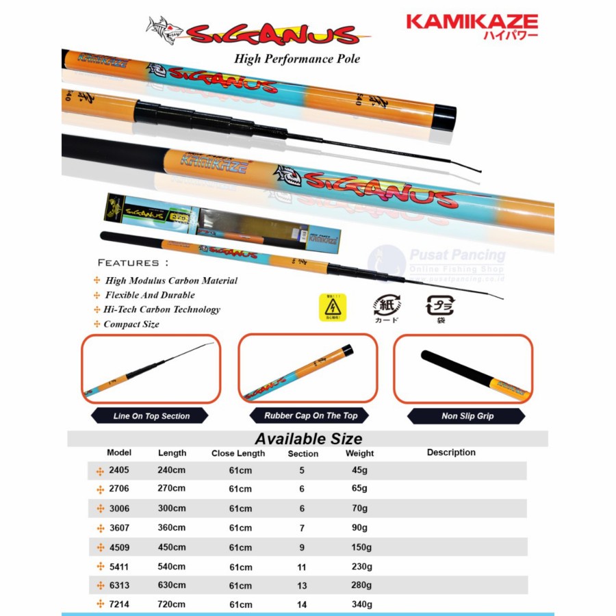 PUSATPANCING5 - Joran Tegek Kamikaze Siganus 240cm - 720cm Carbon Tegek Ruas Pendek