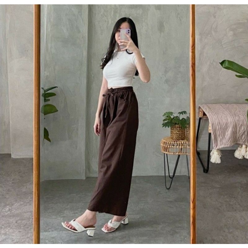 Celana Kulot Katun Linen Wanita Rami Highwaist Pinggang Karet Tali