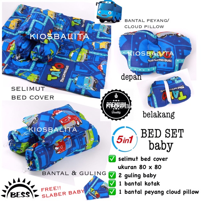 FREE SLABER BABY!! 5IN1 PAKET Baby Bed Set Bedcover Selimut+Bantal Cover Guling bantal peyang