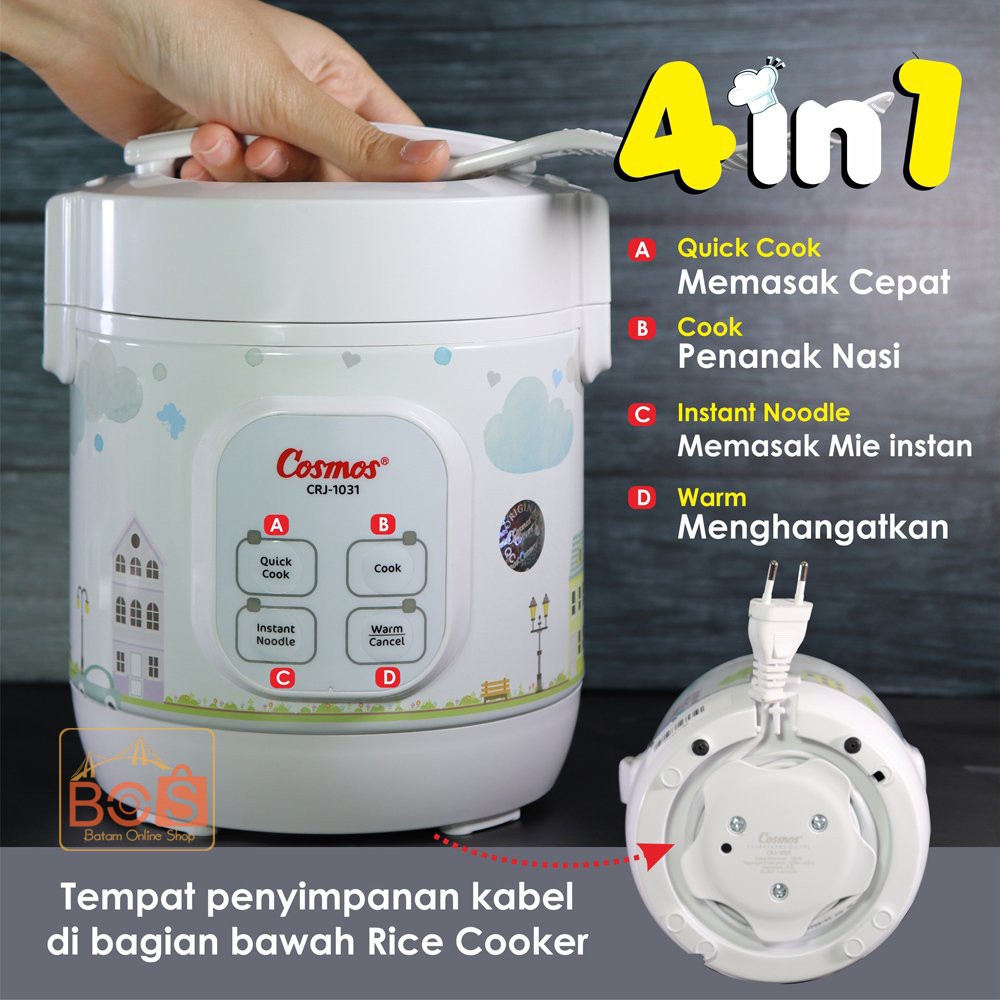 Cosmos CRJ1031 Rice Cooker Mini Digital 0.3 Liter 4 in 1 Bonus Gelas Ukur dan Sendok Nasi