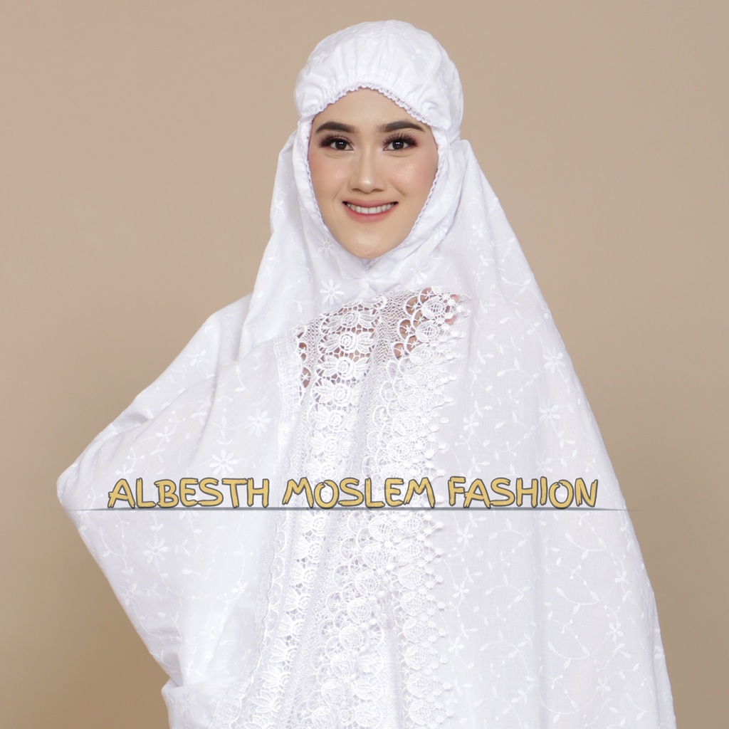 Mukena Katun Paris Mewah Full Bordir Renda Guiper Khusus Putih