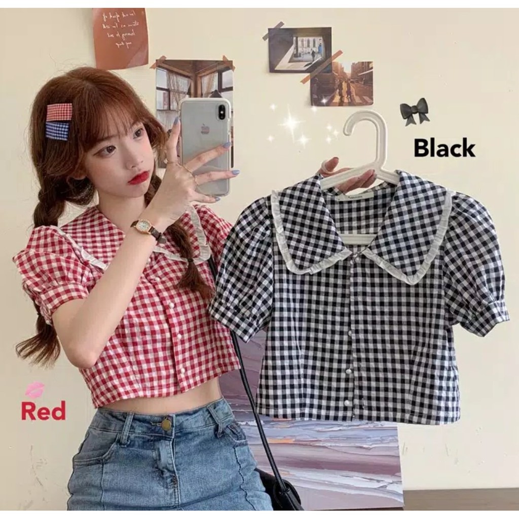 CLT001 – Baju Kemeja Kotak Wanita Korea Jepang Lucu